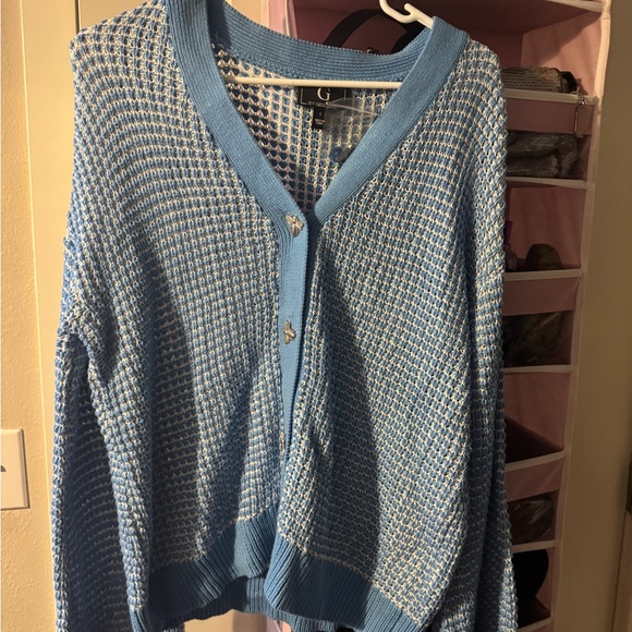 G by Giuliana Blue Plaid Cardigan with Bee Accents - Picture 6 of 6